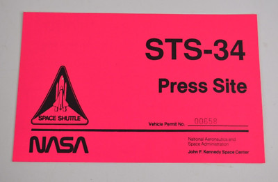 NASA STS-34 Press Site Gate Pass Atlantis Space Shuttle Galileo Launch Neon Pink