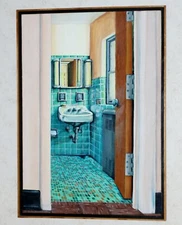 Nolan Ellis vintage 50's blue/green bathroom UNIQUE Oil Painting Original art