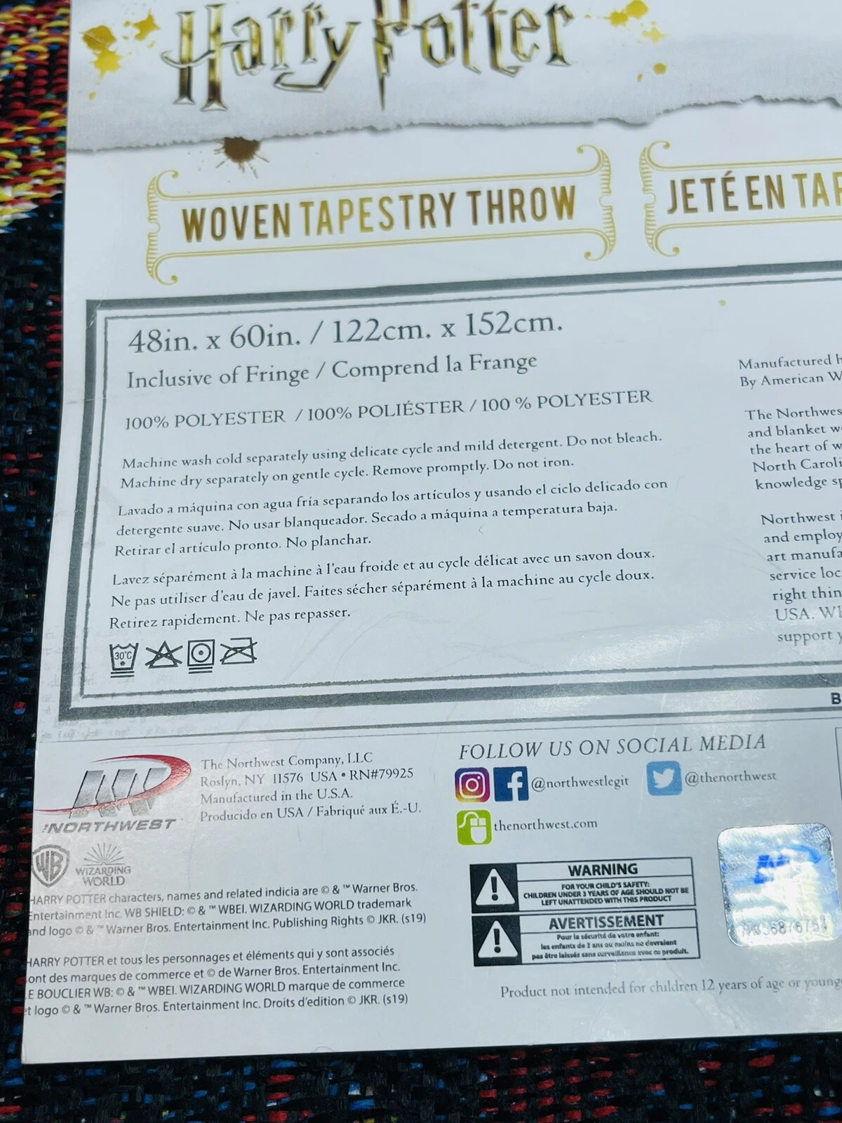 Harry Potter Gryffindor Shield Woven Tapestry Throw Blanket Northwest 48x60 NEW