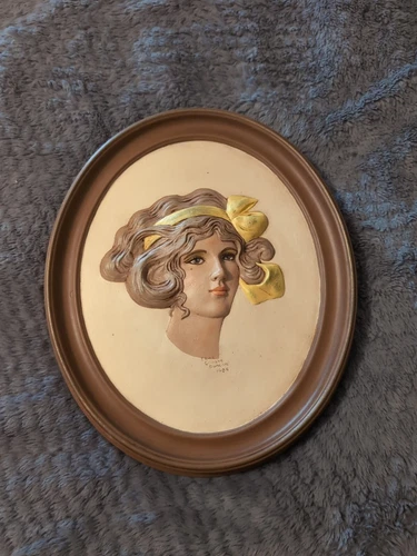 Vintage Erma Gilliland Duncan 1909 Ceramic Painted Oval Gibson Girl Cameo Art