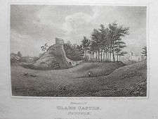 Original Antiquarian Suffolk Landscape Engraving; Remains of Claire Castle, 1819