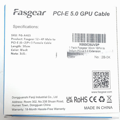 Fasgear PCI-e 5.0 GPU Cable FG-A463 12+4P Male to PCI-E (6+2)Px3 Female Black
