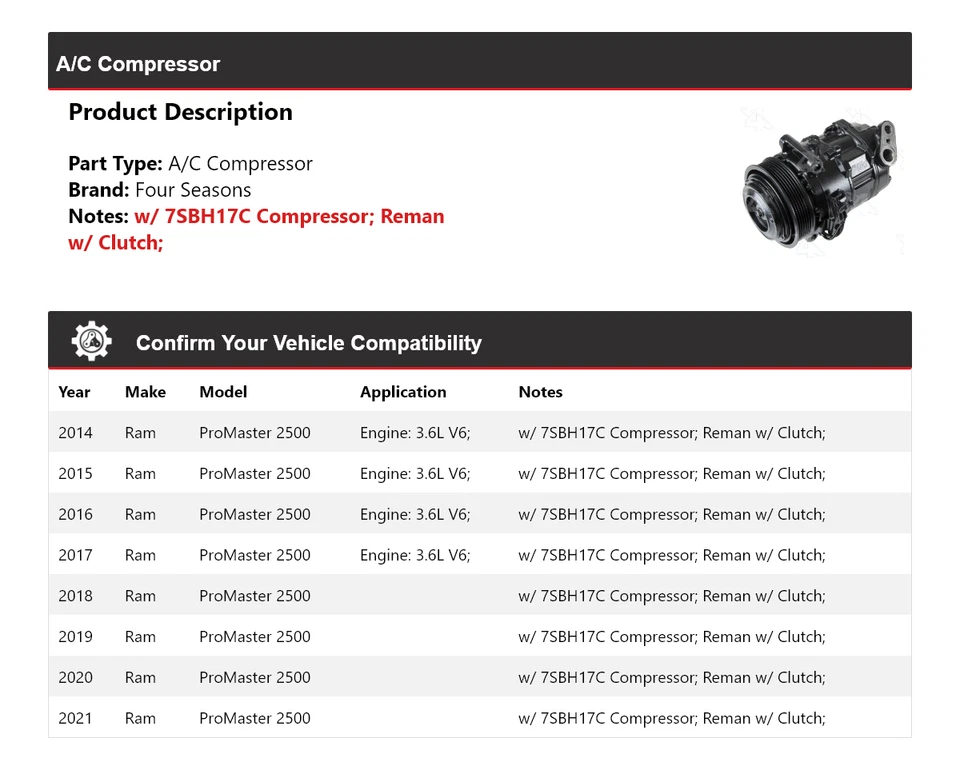Compresor de aire acondicionado Ram ProMaster 2500 2014-2021 4 estaciones 2015 2016 2017 2018 Foto 2 de 4