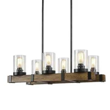 Asben 6-Light Rustic Farmhouse Black Chandelier 2-Row Wood Linear Kitchen Island
