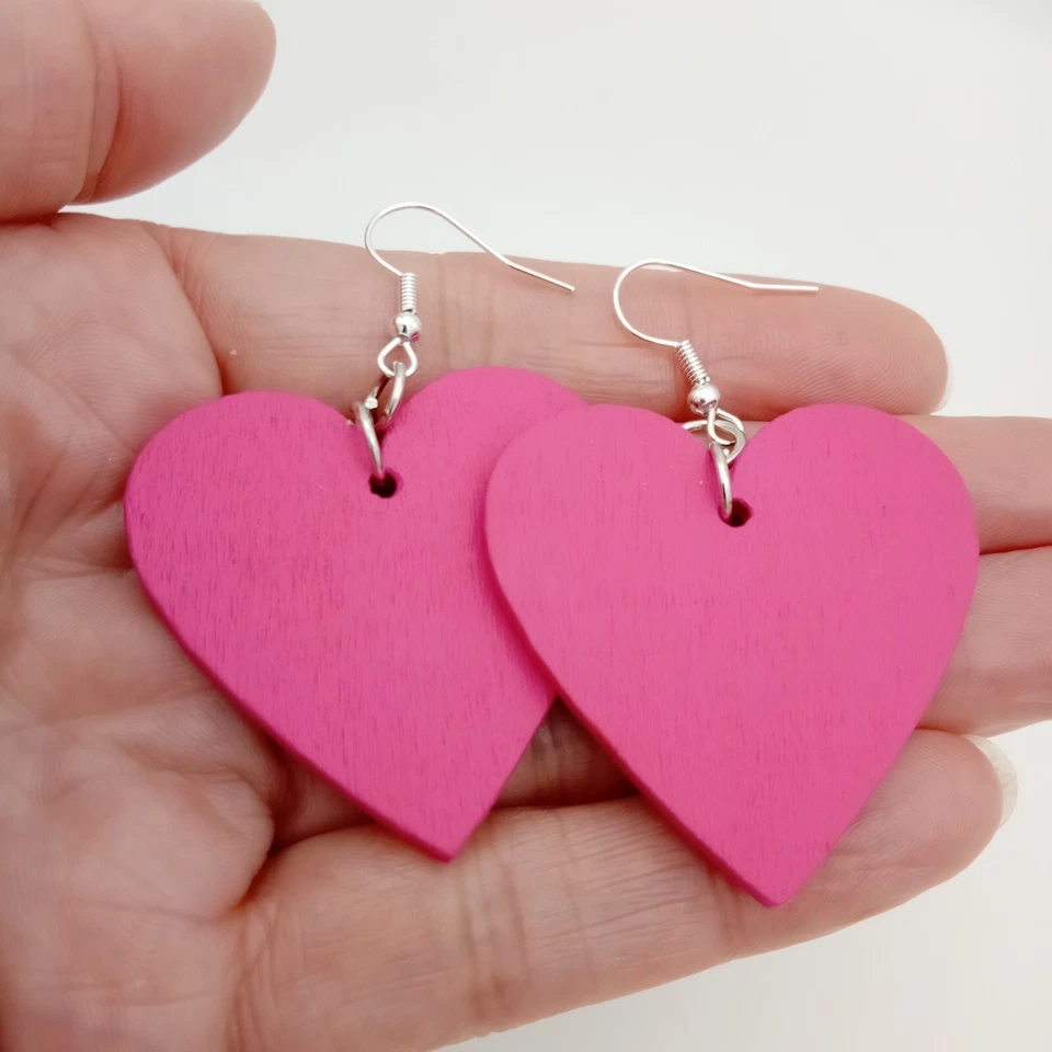 Big Heart Earrings  80s Love Bright pink lightweight Wood Large 5 cm wide boho - Image 2 of 4