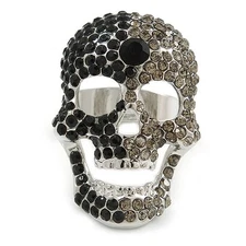 Dimgrey/ Black Crystal Skull Cocktail Ring In Silver Tone - Adjustable/ Size 7/8