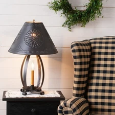 Primitive Colonial Accent Lamp With Metal Shade, New In Black