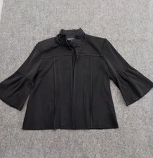 Ming Wang Jacket Womens Petite Large Black Bell Sleeve Ruffle Collar Open Front