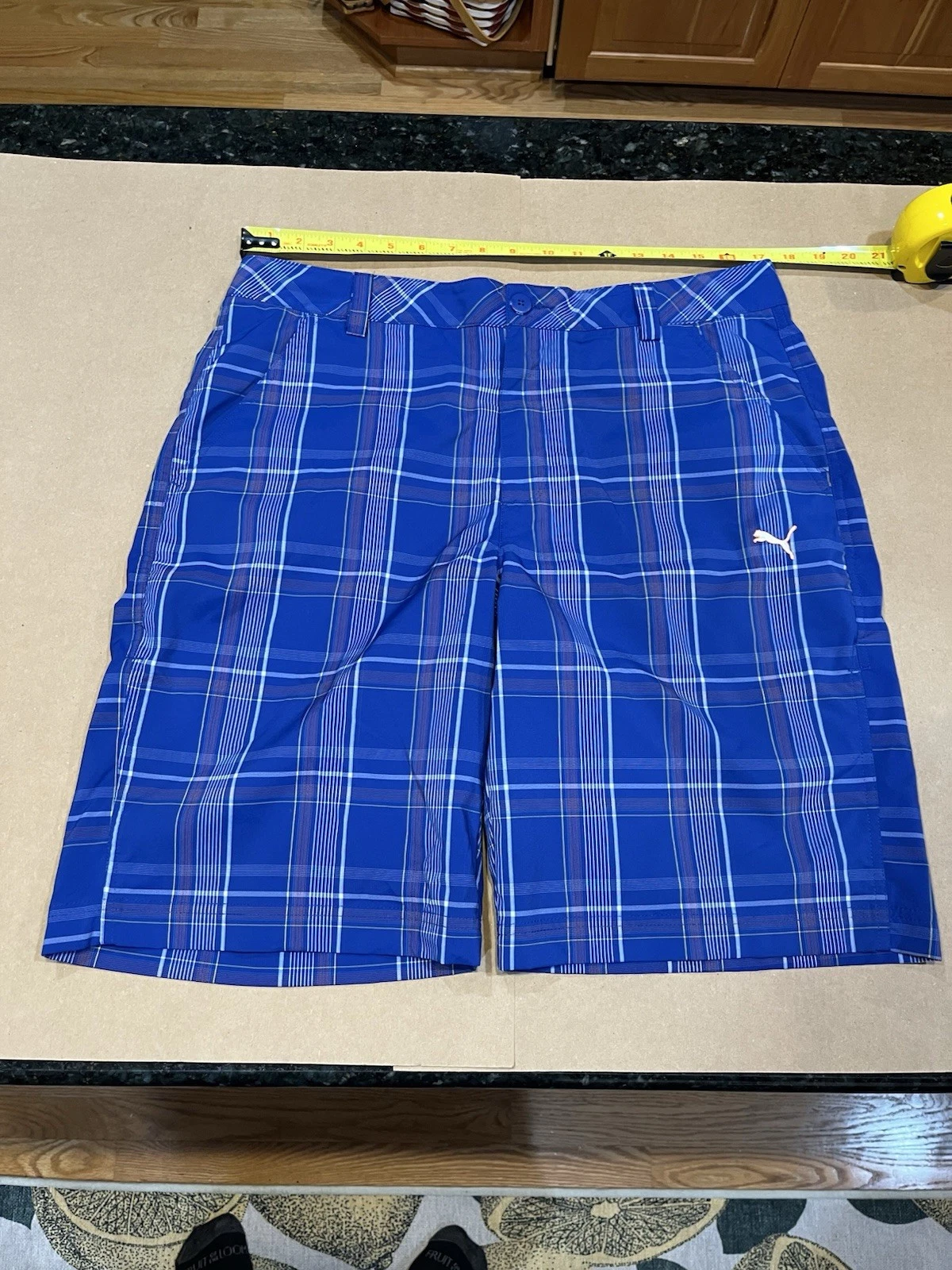 Puma Uomo FF Pantaloncini Golf 34 Blu Arancione Bianco Plaid Poliestere Spandex