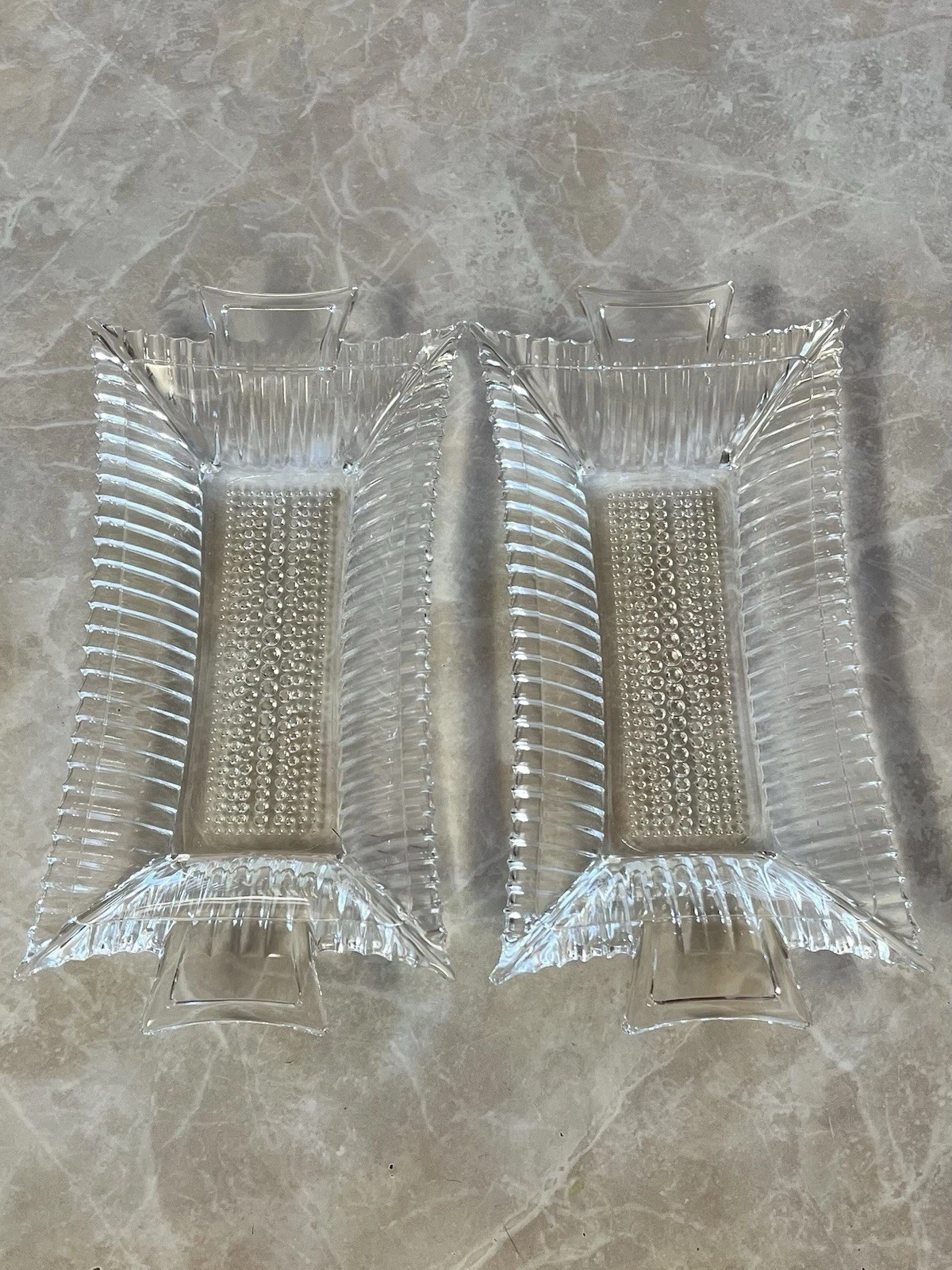 Set Vintage Clear Glass Ribbed Edge Hobnail Style MCM Candy Pickle Butter Dish