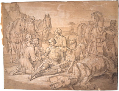 Bleistiftzeichnung St. Georg m. getötetem Drachen, monogrammiert  AR , dat. 1823
