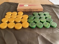 Bakelite Backgammon Chips Checkers Green Yellow Swirl w/Original Box