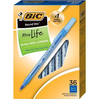 BIC Round Stic Xtra Life Blue Ballpoint Pens 36 Count Pack of 1 Medium Point