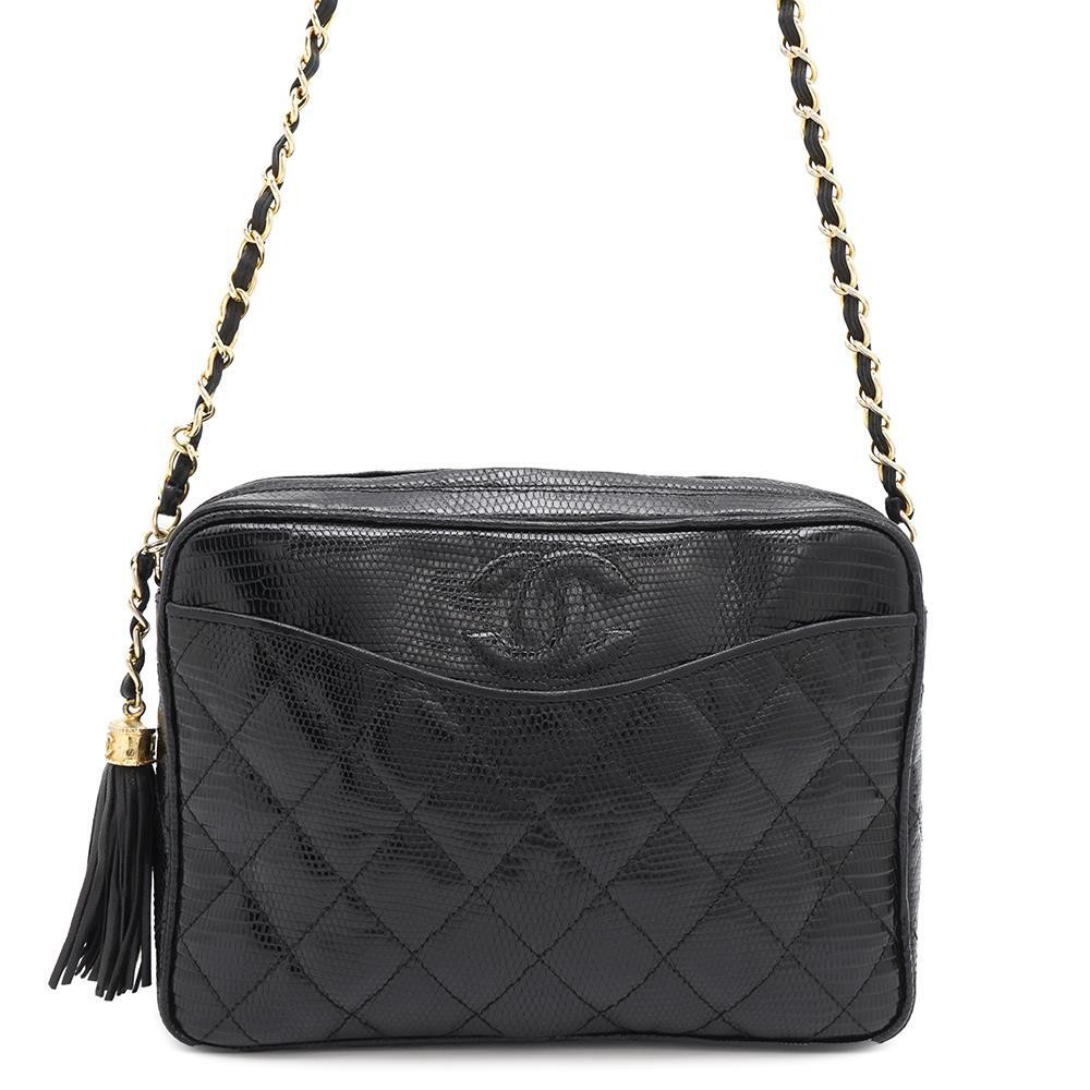 CHANEL Black Lizard Matelassé Coco Mark Chain Shoulder Bag with Tassel