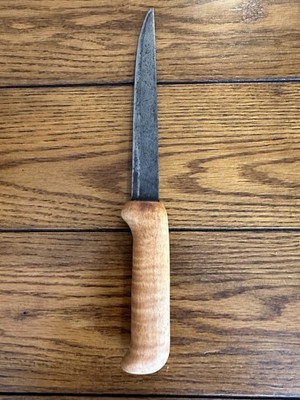 Vintage unmarked patina carbon steel fishing fillet knife, flame maple handle
