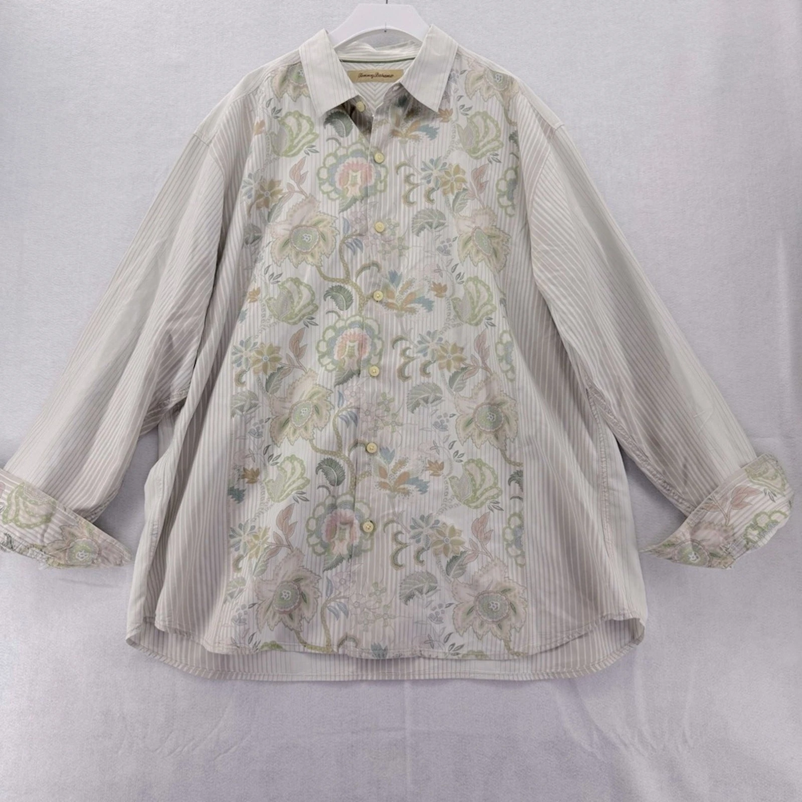 Tommy Bahama Button Down Mens Silk Blend Shirt 70s Retro Floral Striped size XL