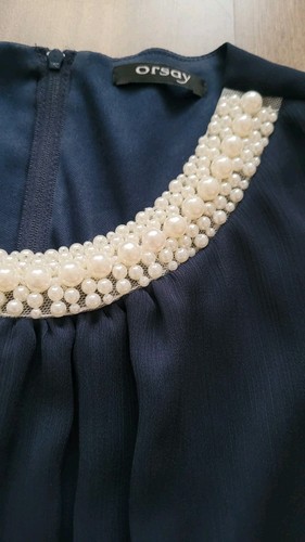 Orsay Kleid Dunkelblau Perlenimitat Kragen 40 M Chiffon Hochzeit Geburtstag - Bild 14 von 19