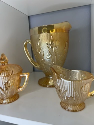 Jeanette Iris Marigold Carnival Glass Pitcher Creamer Sugar Bowl Set Vintage