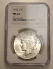 1922-S $1 PEACE SILVER DOLLAR NGC MS63