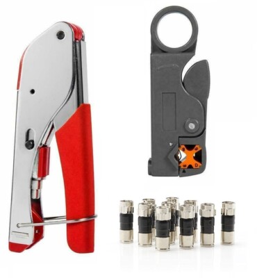 Coax Tool Kit Coaxial Crimper RG6 RG59 Cable Stripper 10x Compression Connectors