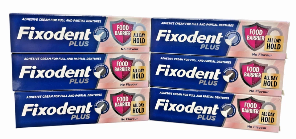 Fixodent Plus Food Barrier Denture Adhesive all day Cream NO Flavour | 6 X 40g