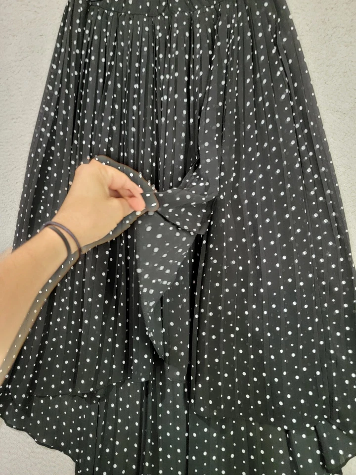 Pleated Chiffon Midi Skirt Size Small Black Polka Dot Faux Wrap Hi Low Hem - Image 3 of 4