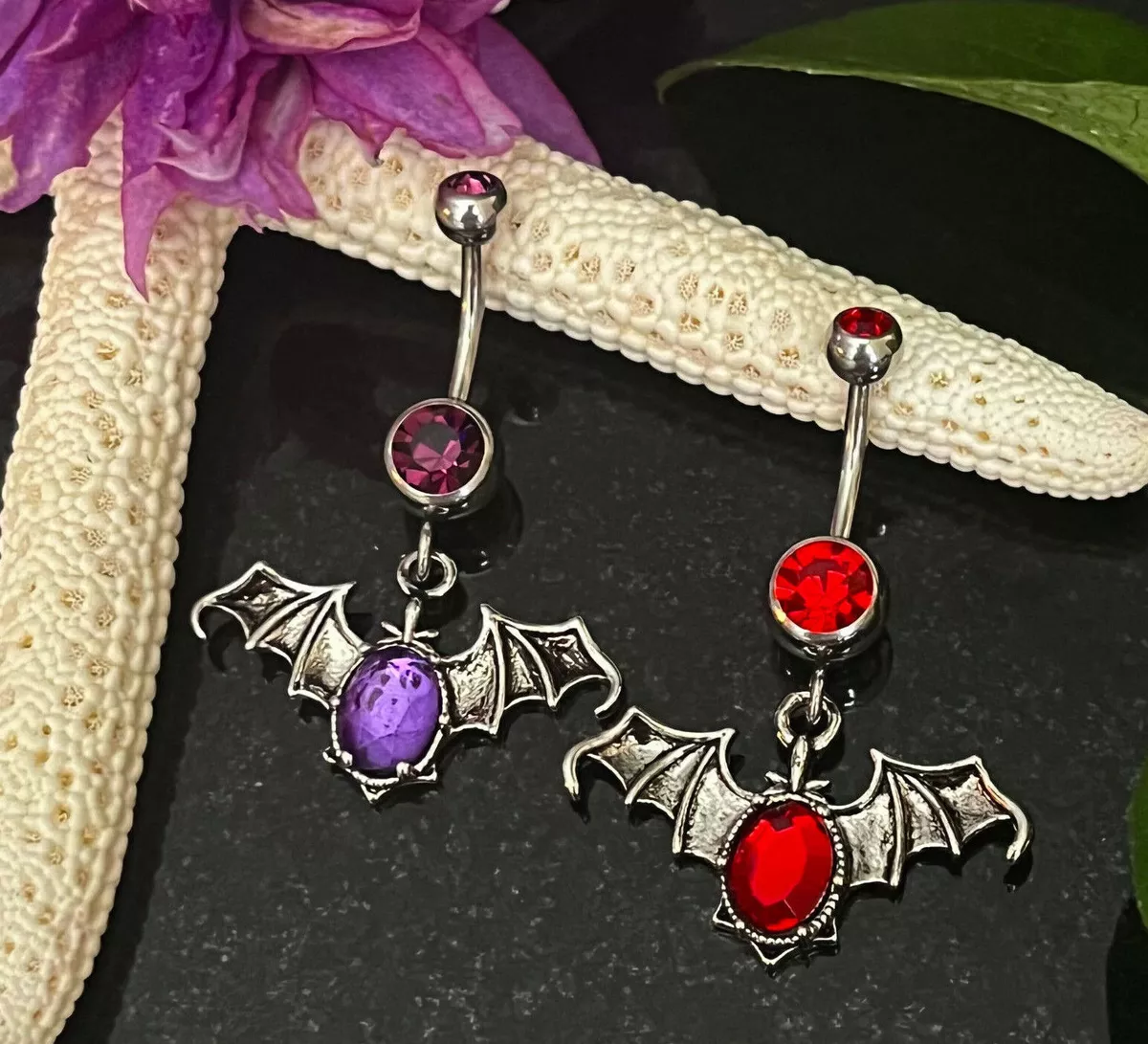 1pc Gothic Bat Gem Dangle Belly Ring Steel Navel Halloween Goth Naval