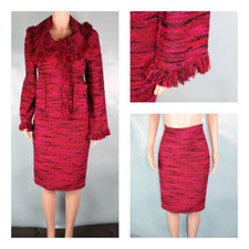 St John Pink Red Black Jacket Skirt L 10 8 6 2pc Suit Collared Fringe Pockets