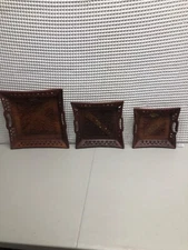Vintage! 3Pc.Set of Jamaica W.I.Hand Brass Inlay Solid Carved Flower Teak