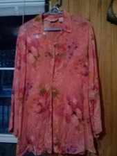 Orvis womens L Rayon sheer Orange Multi floral Button Up top Long sleeve