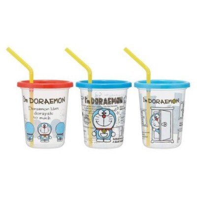 I'm Doraemon Sanrio Anime Character Lid-sealed Plastic Cup Set with 3 Straw