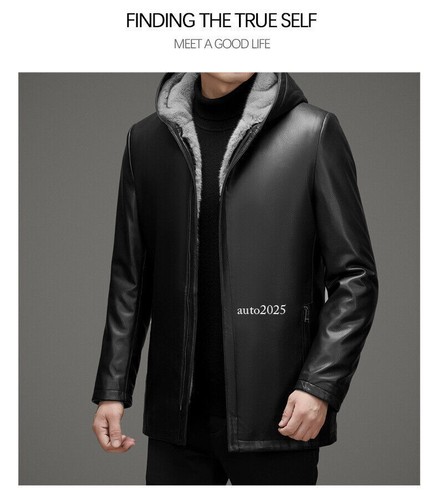 Winter New Sheepskin Jacket Mens Thickened Warm Hooded Leather Fur Lining Jacket - Picture 8 of 26