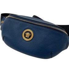 VERSACE Leather Body Bag Waist Pouch Blue Gold Hardware Auth 1002884 w/Dust bag