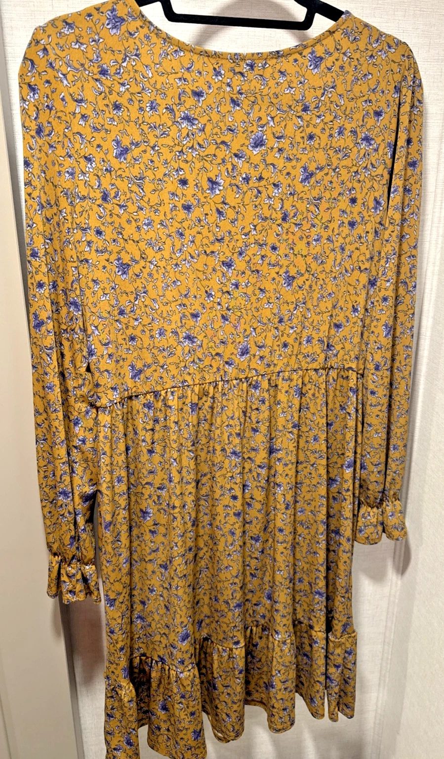 VETEMENTS Gilli Vestito Donna Taglia Large Giallo Oro Blu Floreale Maniche 3 4 Midi
