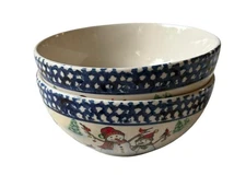 Thomson Pottery Winterland Green Holiday Snowman Soup/Cereal/Pasta Bowls 2-Set