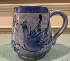 Tonala Mexican Glazed Pottery Folk Art Mug Birds Flowers 4.5”H Signed By JJC