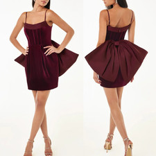 Azazie Atelier Mini Holiday Dress Womens 6 Wine Red Big Bow Back Velvet Cocktail