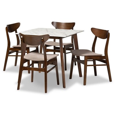 Baxton Studio Walnut Brown 5 Piece Dining Set with Faux Marble and Beige Seats