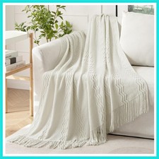 Cream White Knitted Throw Blanket for Couch Textured Knit Blanket with Tassel...