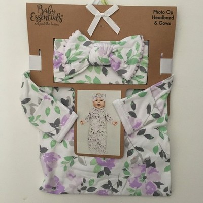 NEW Baby Essentials 0-3M Knotted Infant Gown and Headband Floral Gift Set