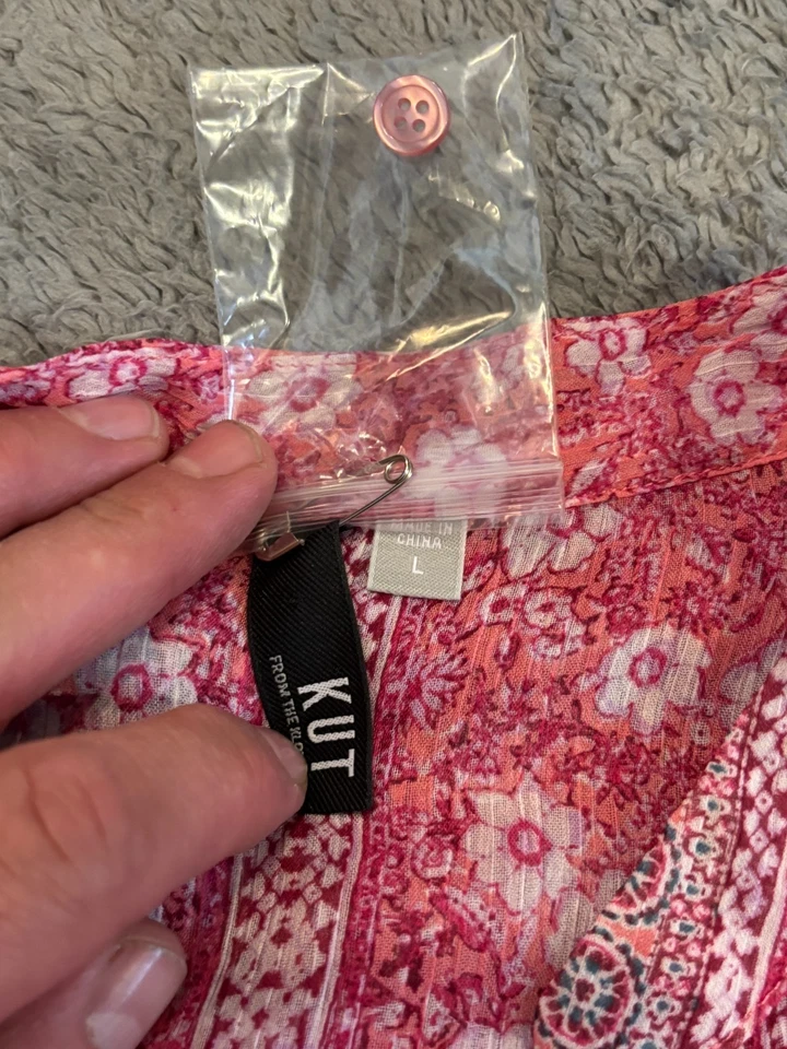 Kut From the Kloth Blouse Womens Large Floral Top Roll Tab V-Neck Lightweight - Image 2 of 4