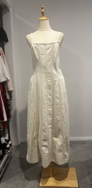 Women’s Cream Denim Solid Square Neck Strappy Midi Dress Back Zip