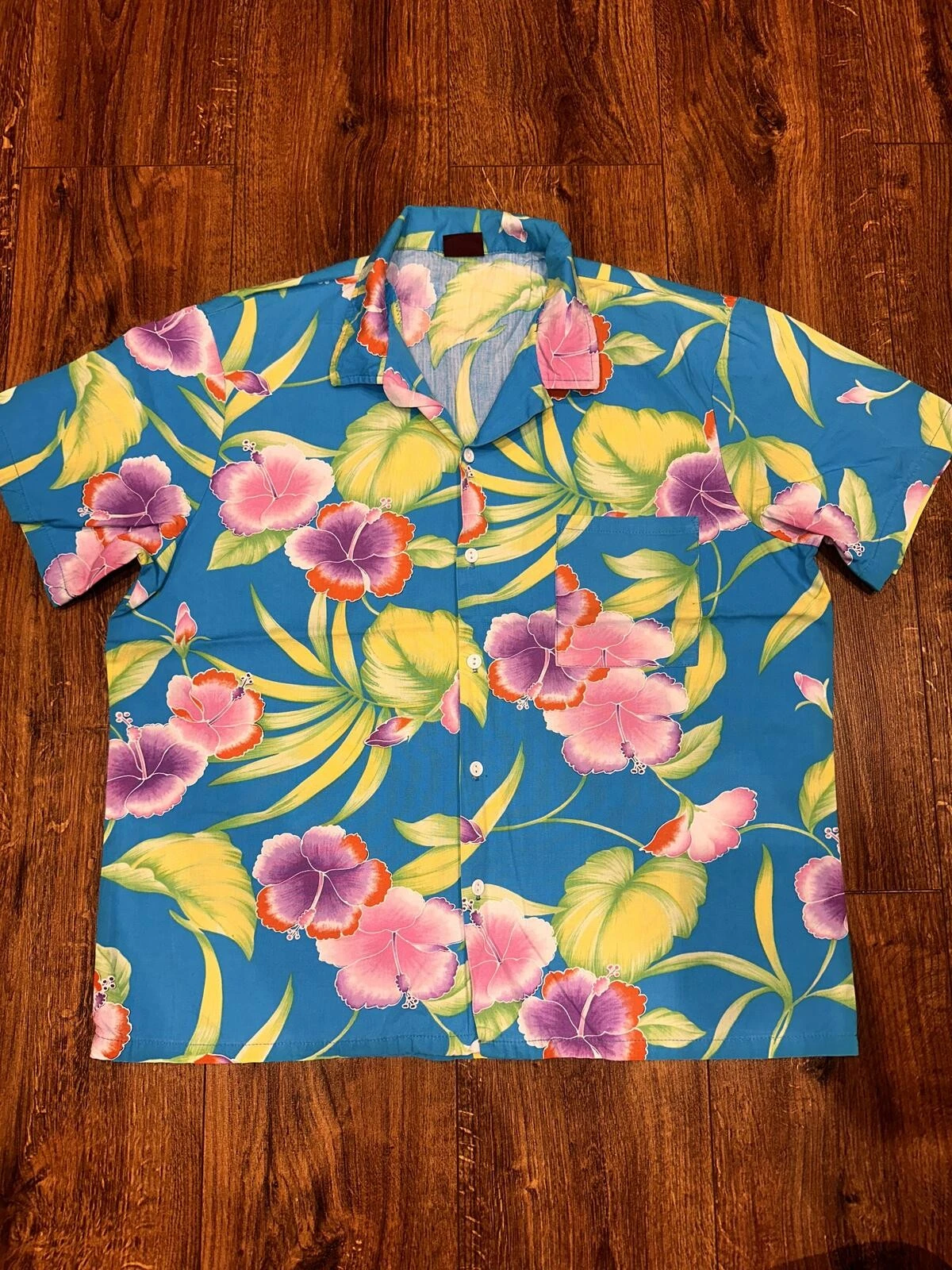 Jordache Hawaiian Shirt Blue Floral Tropical Short Sleeve Summer Medium