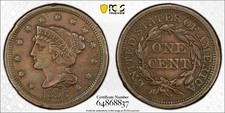 1856 1C BRAIDED HAIR CENT SLANTED 5 PCGS XF45 BN FRESH SLAB