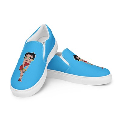 Women s Deep Sky Blue Full Betty Boop Sketch Drawing PopFelix Designer Slip-on C