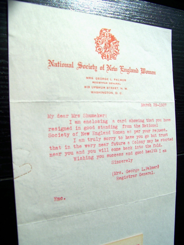 National Society of New England Women LETTER and CARD 1937 (Mrs. Schumaker) - Picture 2 of 3