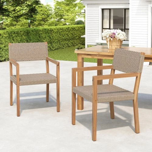 Outdoor Dining Chairs Set of 2 Teak Acacia Wood PE Wicker Patio Garden - Image 4 of 4