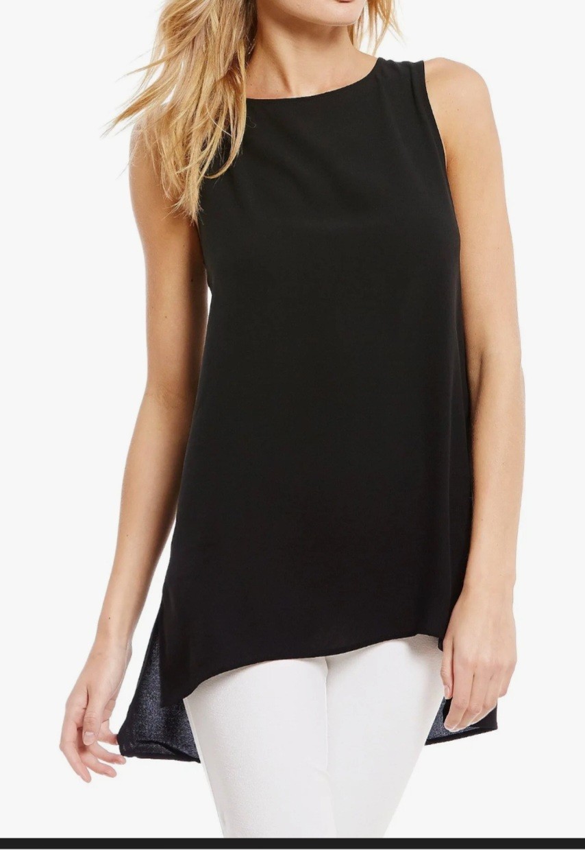 Eileen Fisher $218 Black Silk Georgette Crepe Bateau Neck Long Shell Top XXS NWT