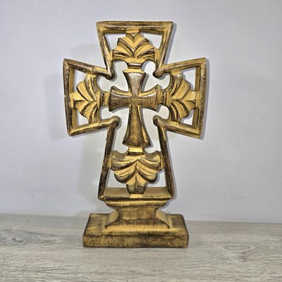 Carved Wooden Cross Distressed Ornate Pedestal Decorative Crucifix Fleur De Lis