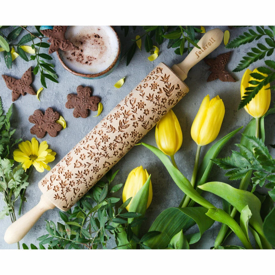 Folkroll Teigrolle Flower Power Nudelholz Prägerolle Muster Buchenholz groß - Bild 2 von 3